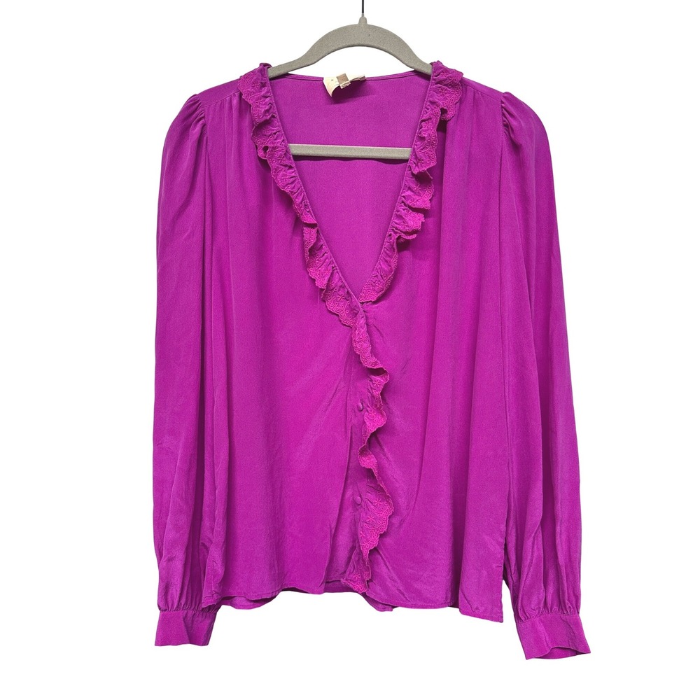Sezane Rosine Magenta Pink 100% Silk Blouse Ruffle Eyelet Size 38 FR 6 US